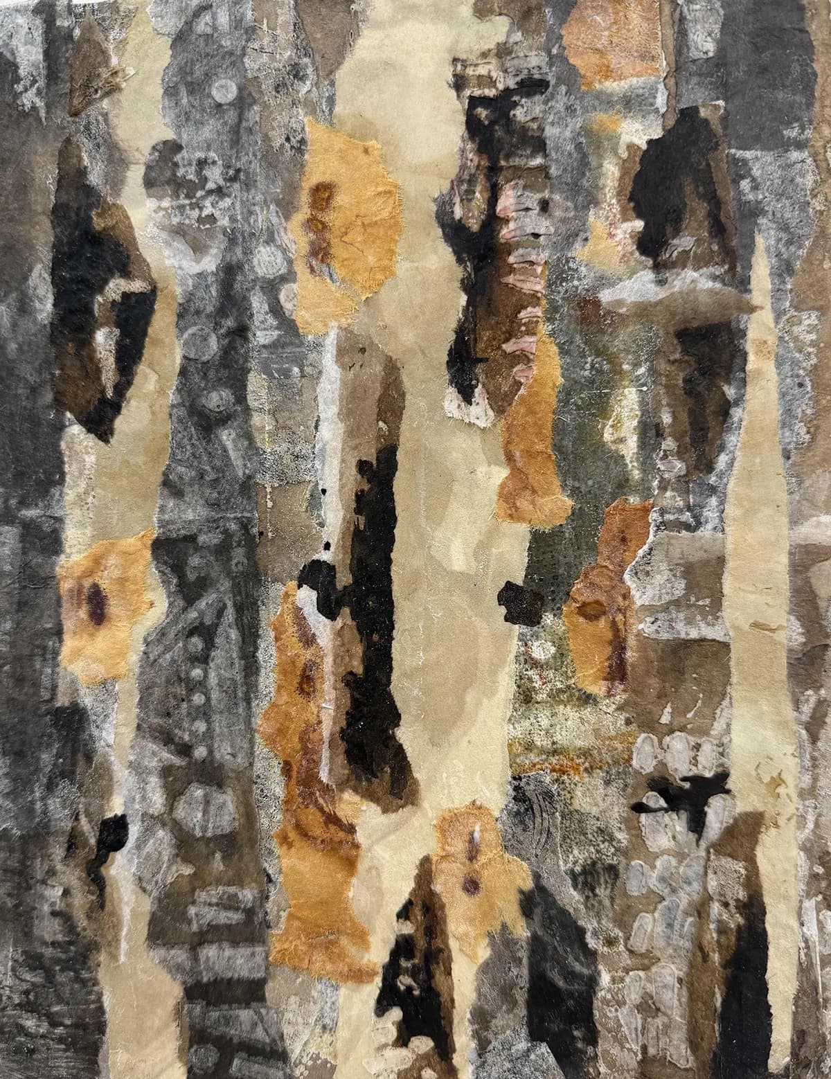 Whispers Between the Branches — Wax based collage on panel · 10" × 8"