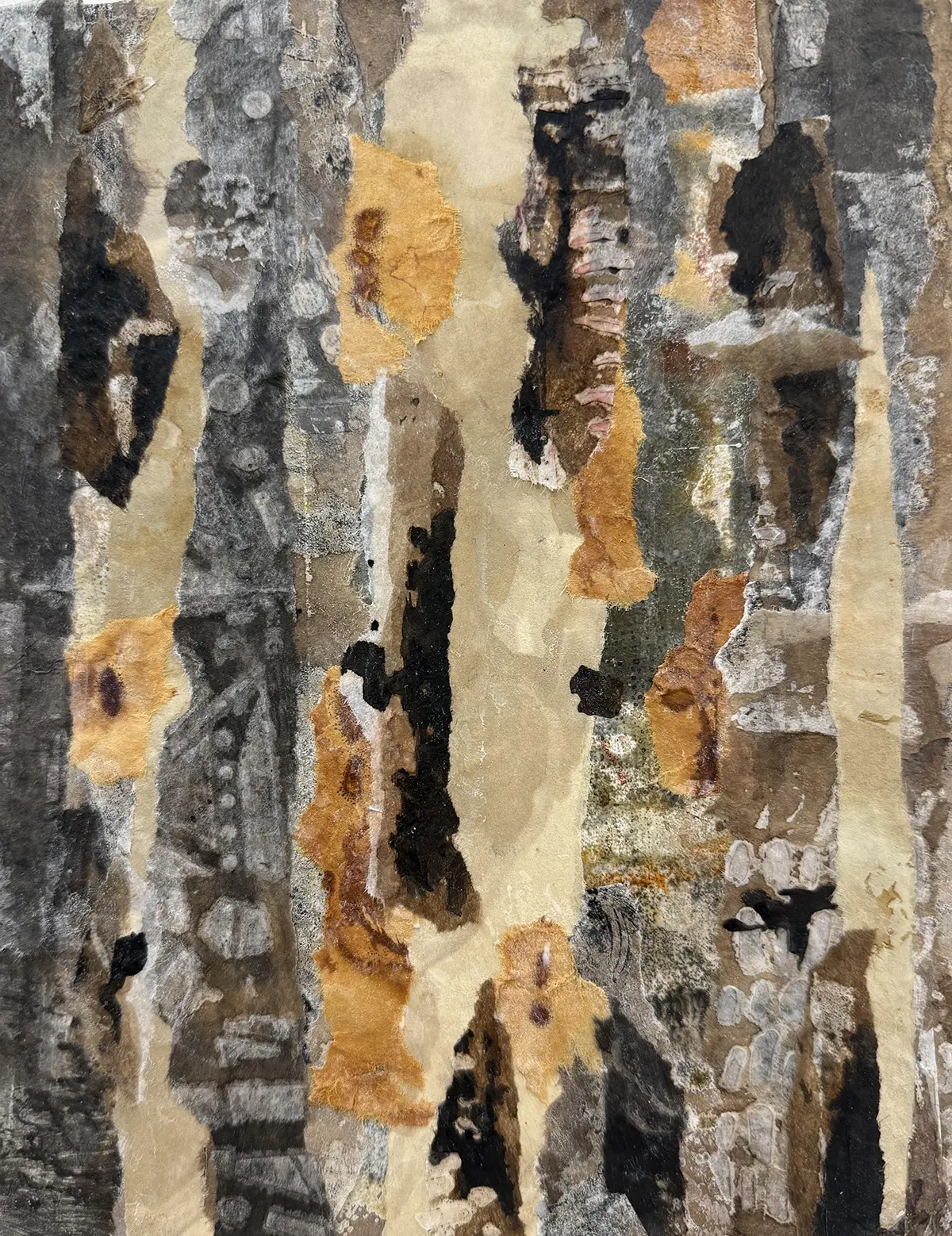 Whispers Between the Branches — Wax based collage on panel · 10" × 8"