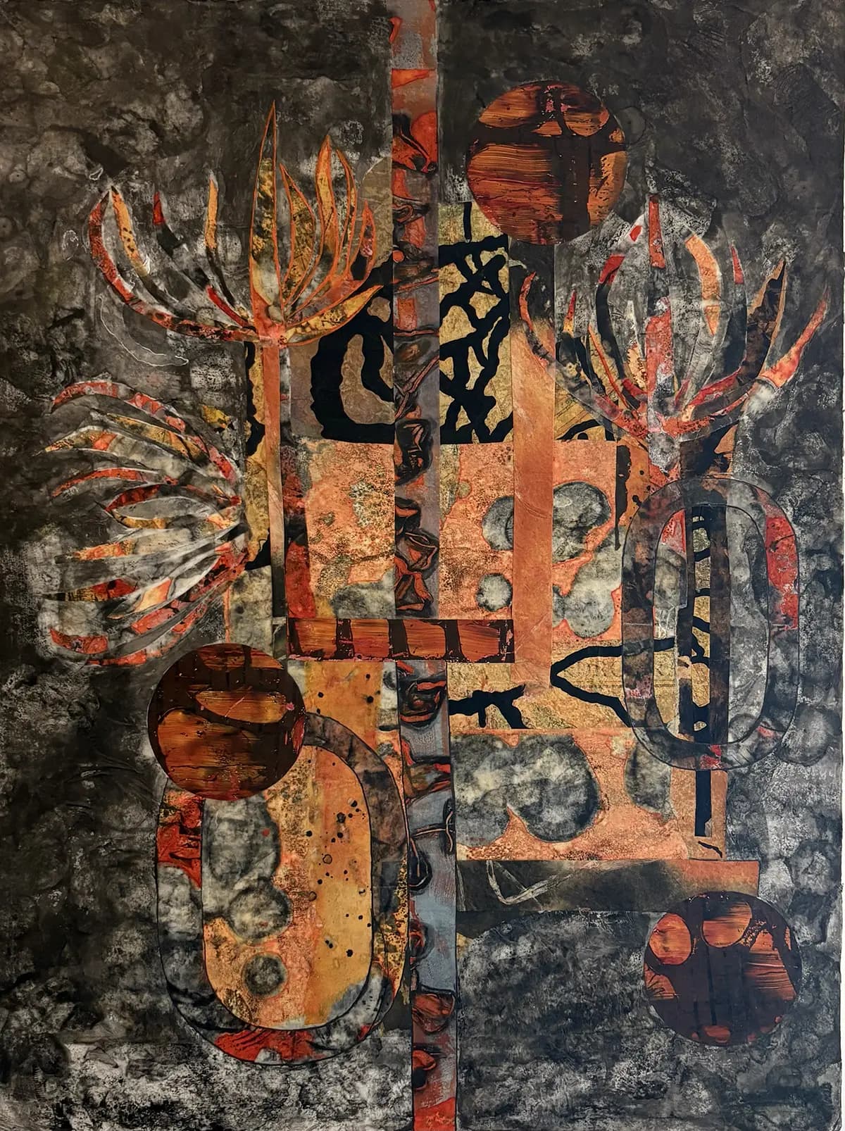 Nightshade Bloom — Wax based collage on panel · 24" × 18"