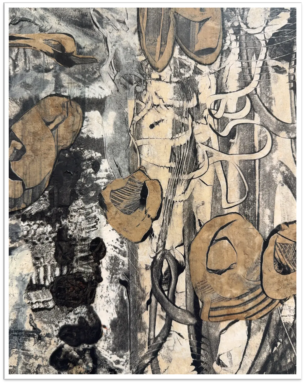 Intertwined — Wax based collage on panel · 11" × 8.5"